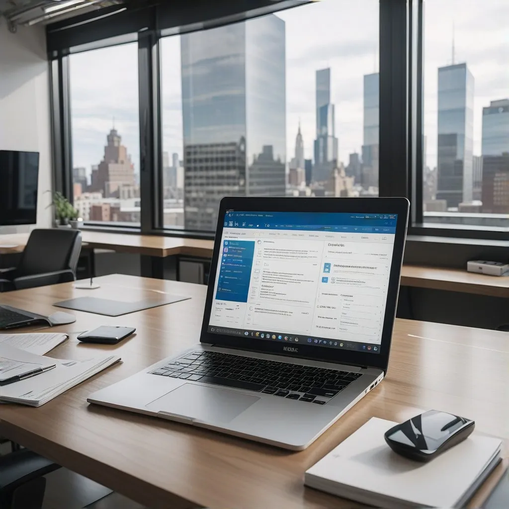 A professional modern office setting with a clean and organized desk featuring accounting documents, a laptop, and a calculator, symbolizing the company's accounting services. In the background, a large window shows a cityscape, indicating the company's location in the United States. The scene conveys a sense of professionalism, trust, and modern efficiency.